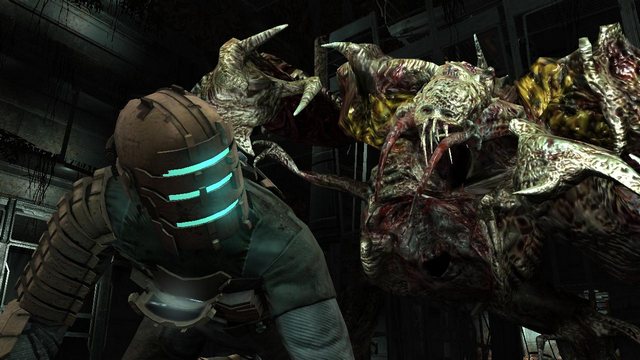 A necromorph lurks behind Isaac in Dead Space.